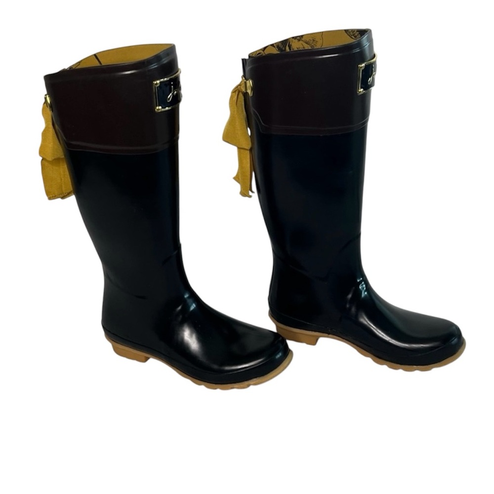 Joules Evedon Rain Boots Black & Brown Rubber Waterproof Bow Knee High Pull On 9